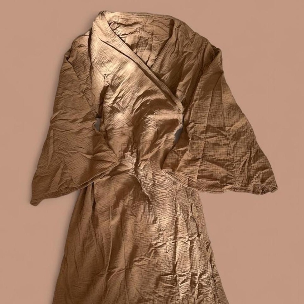 maha house beige wrap maxi kimono dress
